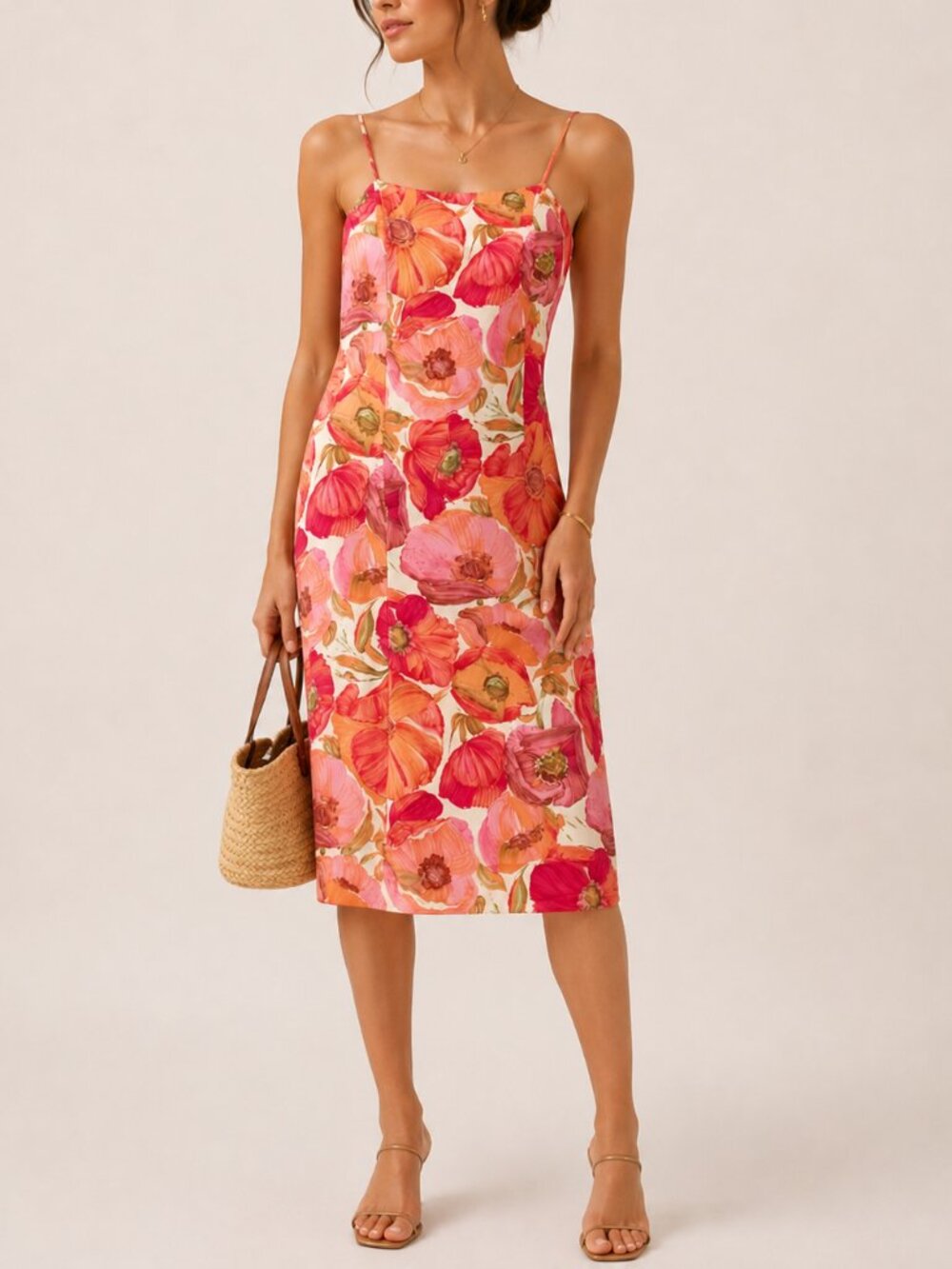 Vintage Pink and Orange Floral Slip Midi Dress - Picture 1 of 10